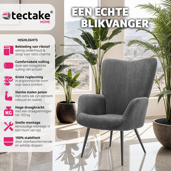 tectake® Oorfauteuil in Scandinavische stijl - Corduroy Hygge - Stoel voor woonkamer, slaapkamer - Loungefauteuil - Zwart metalen poten - Draagvermogen tot 150 kg - Grijs