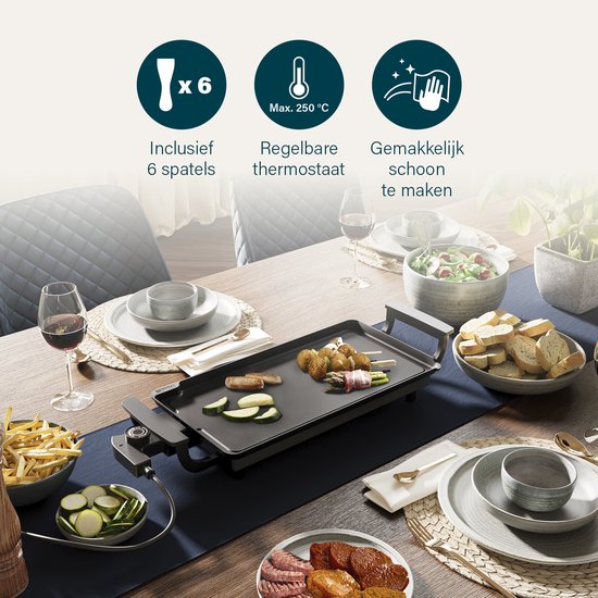 Princess Table Chef Bakplaat 102209 - Gourmet - Grillplaat - Tafelgrill - 43x23cm - 6 personen - Regelbare thermostaat - 1800 Watt - Teppanyaki - Voor binnen en buiten