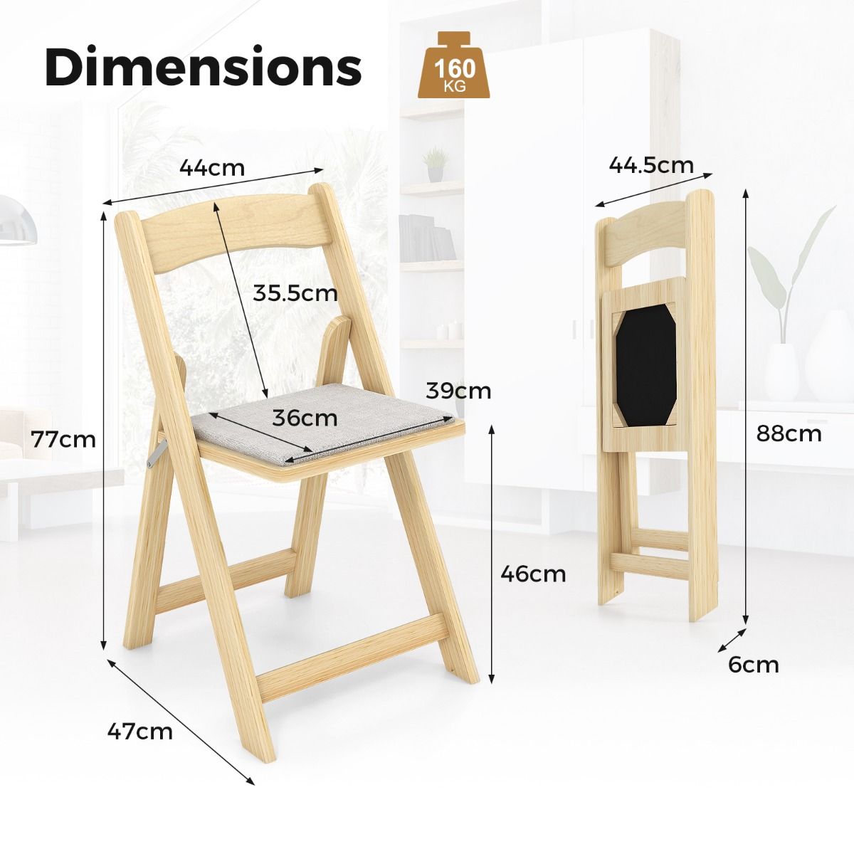 Coast Set van 2 Opvouwbare Eetkamerstoelen – 44x47x77 cm – Natuurkleur – Met Rubberhouten Poten en Gevoerde Zitting