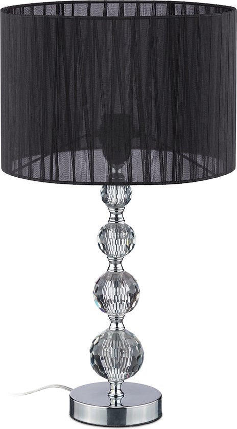Tafellamp Zwart/Zilver – E27 Nachtkastlamp met Kristallen Voet – 54 x 29,5 cm