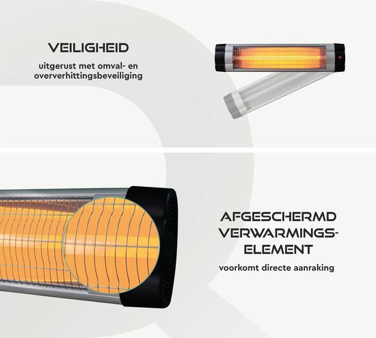 BRASQ Elektrische Terrasverwarmer Hangend PHW200 - 87 × 9 × 19 cm - Infrarood Heater 2500W - met Afstandsbediening en timer - 3 warmtestanden - Voor binnen en buiten - Spatwaterdicht - Zwart