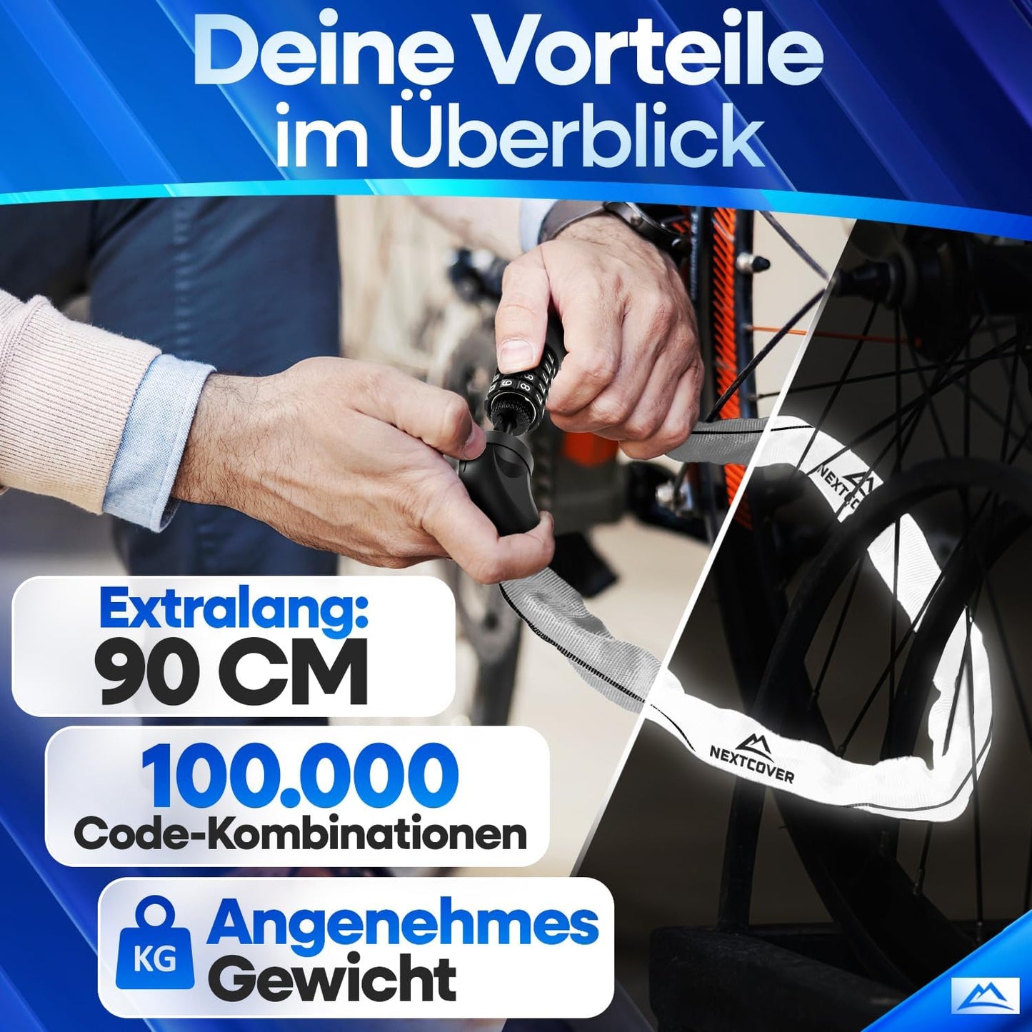 NEXTCOVER® Fietsslot LockOne met combinatiecode I - [SAFESECURE] cijferslot - Zeer Robuust - 90 cm Lang - Reflecterend