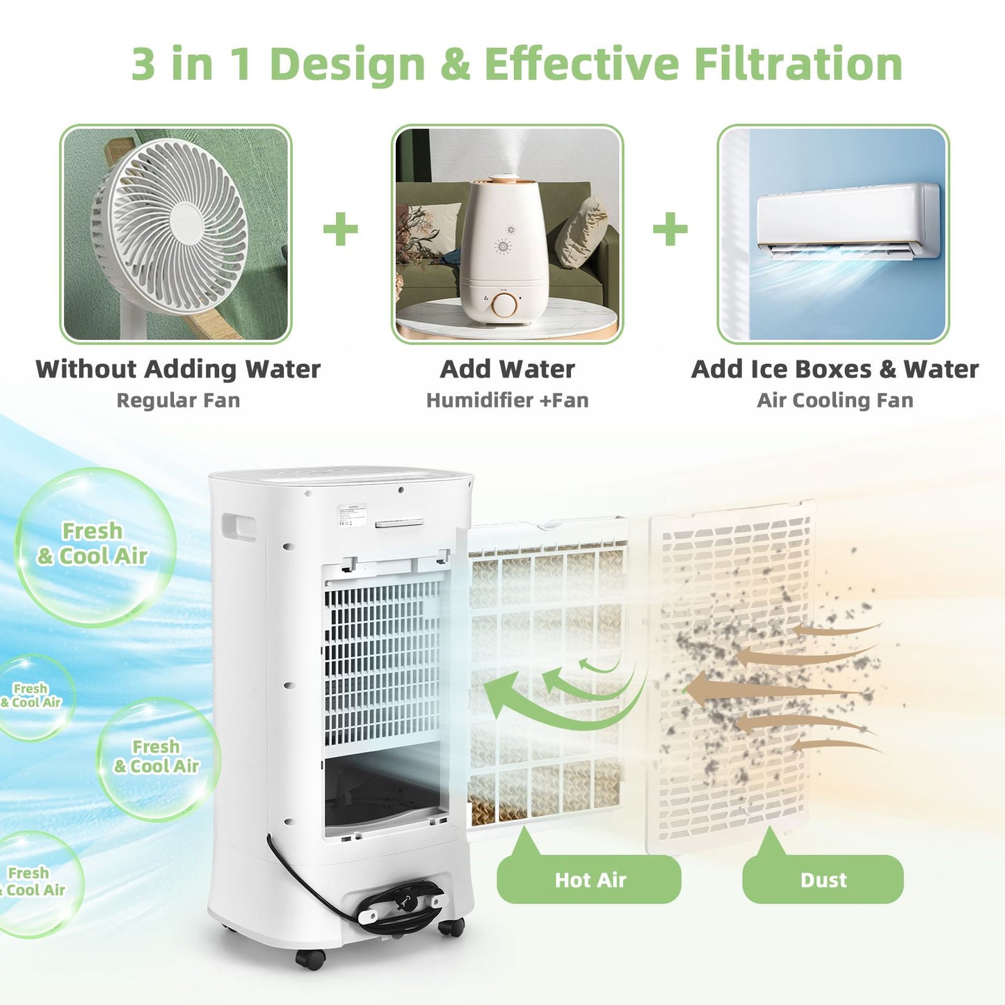 Coast 3-in-1 Mobiele Luchtkoeler Ventilator & Luchtbevochtiger 10L Watertank - 39x33x74cm  - Wit