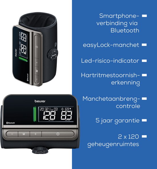 Beurer BM 81 Smart Bloeddrukmeter bovenarm - Geïntegreerde EasyLock manchet 24-40 cm - Bluetooth® - Risico-indicator - Inflation Technology - 2 Gebruikersgeheugen - Onregelmatige hartslag - Gratis app: Health Manager pro - 5 Jaar garantie
