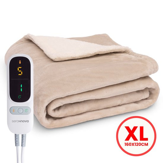 Seranova Elektrische Deken - Extra Warmtedraden - Premium Model - 160x120 cm - 1 persoons Warmtedeken - Dubbelzijdig Fleece Sherpa - Crème beige