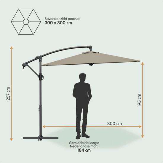LifeGoods Zweefparasol - Rond Ø300 cm - UPF 50+ en Waterdicht - Tuinparasol - Eenvoudig verstelbaar - Taupe