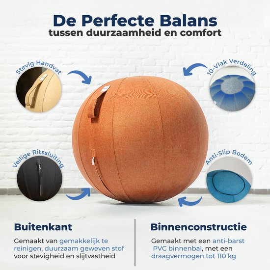 Backerz Zitbal 65 CM - Zitballen met Hoes Linnen - Ergonomische Bureaustoel Kantoor en Thuis - Luxe Yoga Bal - Oranje