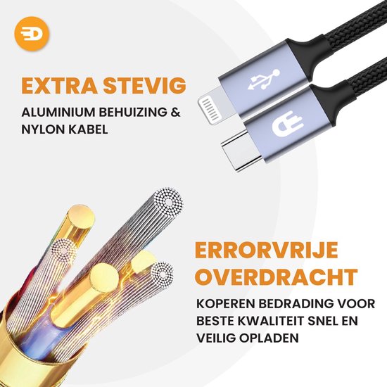 Drivv. USB C Oplaadkabel geschikt voor iPhone & Apple - USB C naar 8 Pin Kabel - Snellader - Oplader kabel - Nylon - Grijs - 3 meter