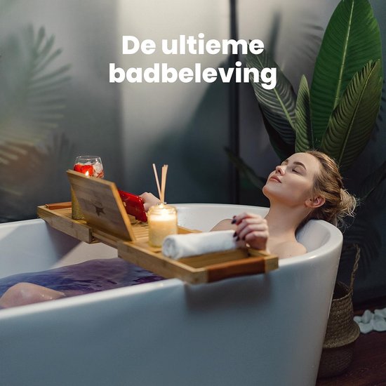 RelaxTub® Badplank - Badplank voor in Bad - Badrek - Verstelbaar - Anti Slip - Badplank Bamboe - Badplank Hout - Badrekje inclusief Boekenhouder, Tablethouder & Spiegel