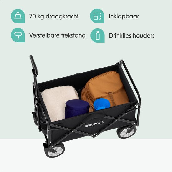 LifeGoods Bolderkar Opvouwbaar - 94L - 70KG Draagkracht - 90x50x58CM - Draaibare wielen - Inklapbare Bolderwagen met Wasbare Hoes - Zwart