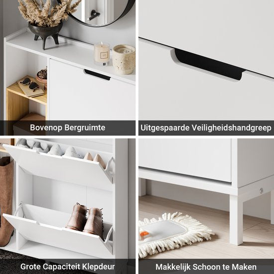 SoBuy FSR209-WN Schoenenkast, wit, compact, opslag voor 9 paar schoenen, ideaal voor kleine ruimtes en woningen, MDF + bamboe, 90 x 19 x 129,5 cm FSR209-WN