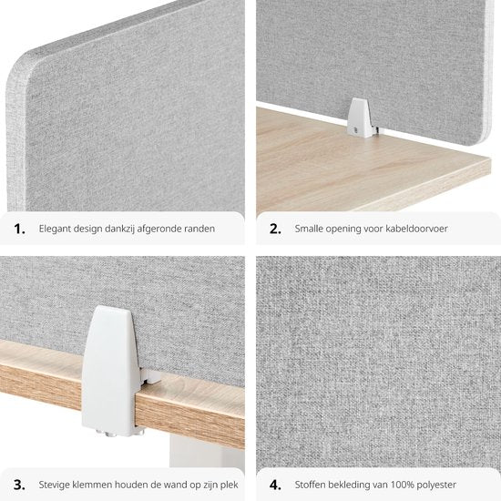 tectake® Bureauscherm scheidingswand Noisy - Met geluidsabsorberende PET-kern - Inclusief 2 bevestigingsklemmen - Afmeting (LxB) 160 x 40 cm - Grijs