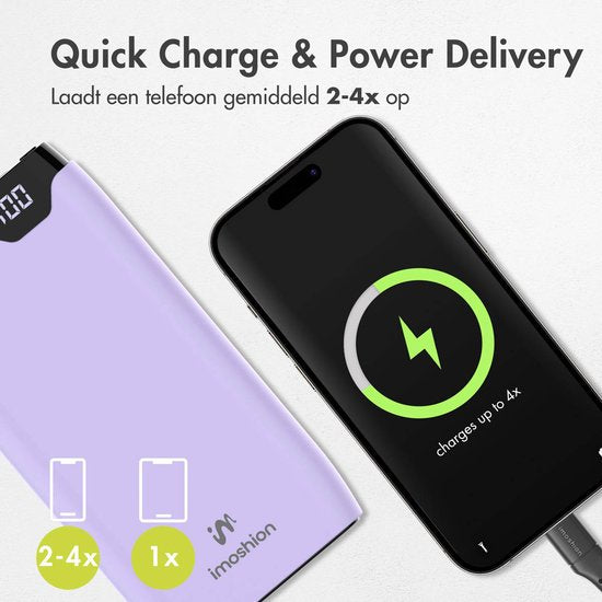 imoshion Powerbank 20000 mAh - Snellader 22.5W - LED indicator - USB C & USB A - Geschikt voor o.a. iPhone en Samsung - Universeel - Lila