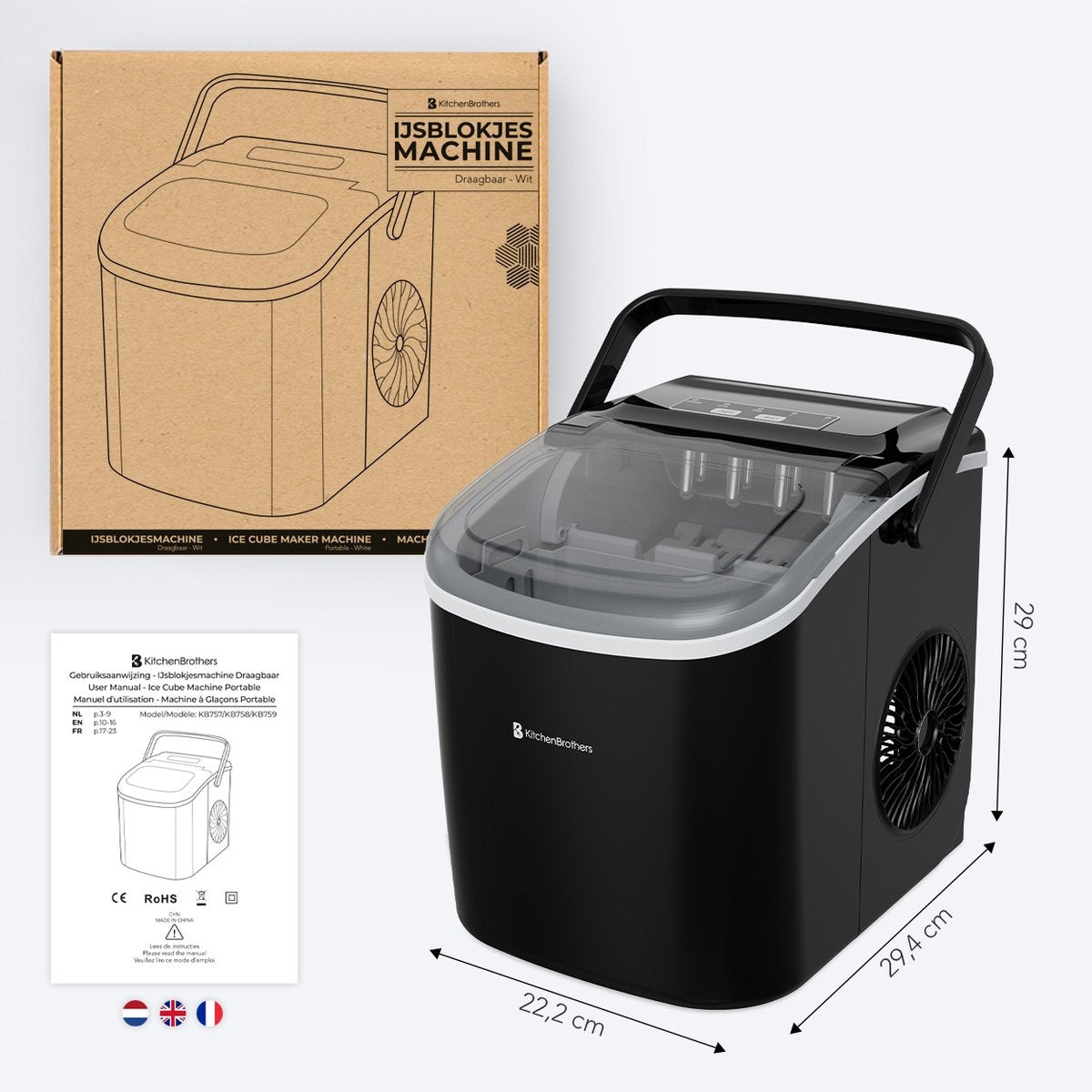 KitchenBrothers IJsblokjesmachine –  Zelfreinigingsfunctie - 1,2 L – 100 W – 22,2 x 29,4 x 29 cm – Zwart