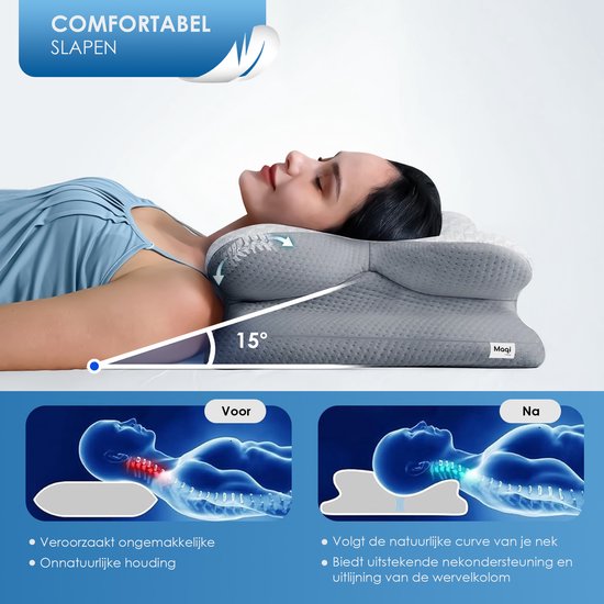 Maqi Living® Hoofdkussen Memory Foam voor Nekklachten – Orthopedisch & Ergonomisch kussen - Geschikt voor rug-, zij- en buikslapers - Traagschuim - Grijs/wit