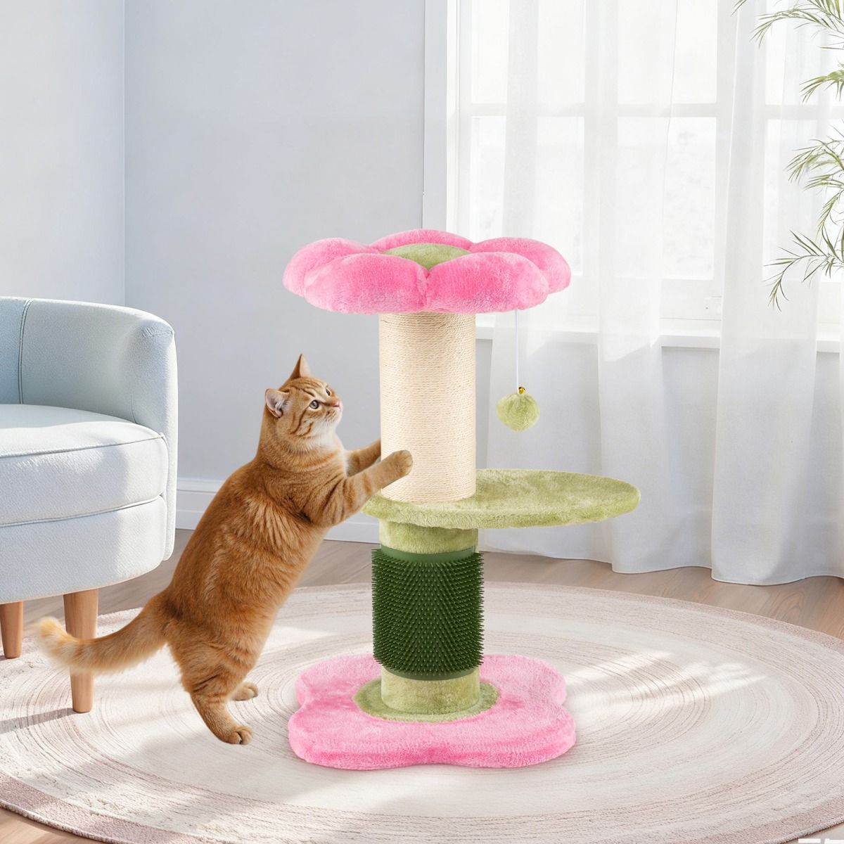 Coast Krabpaal voor katten - 3 verdiepingen - met pluche ligplek en bloemenplatforms - roze - 69 cm