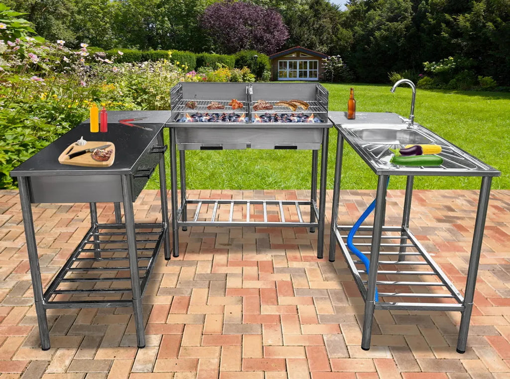 Garten Bijzettafel BBQ Barbecue - Roest Vrij Staal - Verstelbaar - 2 Laden - 100x50.5x87cm