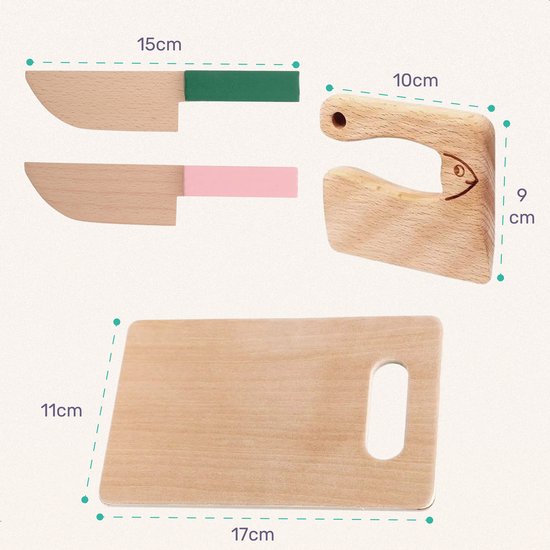 Qwali Houten Kindermessen Set - Veilig - Incl. Snijplank - Kinder - Bestek - Messen Kind - Keuken - Speelgoed