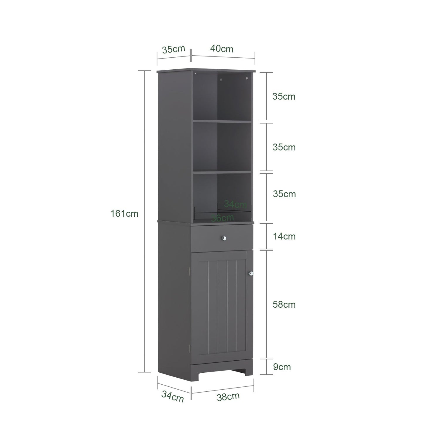 SoBuy Badkamerkast - MDF - Max. 30Kg - 40 x 35 x 161 cm - Donker Grijs