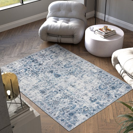 tectake® Vintage design tapijt - laagpolig vloerkleed - Boho vloerkleed - Voor woonkamer, slaapkamer, kinderkamer of tienerkamer - Wasbaar - 160cm x 230cm - blauw