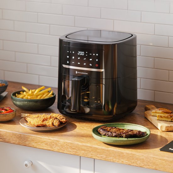 KitchenBrothers Airfryer XL - 6L - 1600W - Heteluchtfriteuse - 50ºC tot 200ºC - 10 Kookprogramma's - Zwart