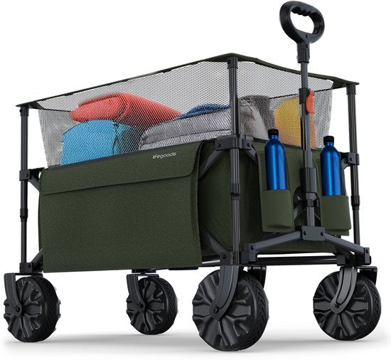 LifeGoods Bolderkar - Opvouwbare Bolderwagen - 100KG - 230L - Verhoogbaar - Met Beschermhoes - Groen