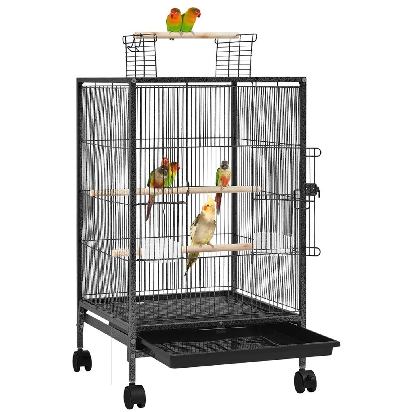 Yaheetech Vogelkooi Met Open Dak – 45,5 x 45,5 x 79 cm – Voorzien Van Verwijderbare Wielen En Uittrekbare Bodemlade En Gehamerde Poedercoating – Voor Grasparkieten En Kanaries – Zwart Metaal En Hout
