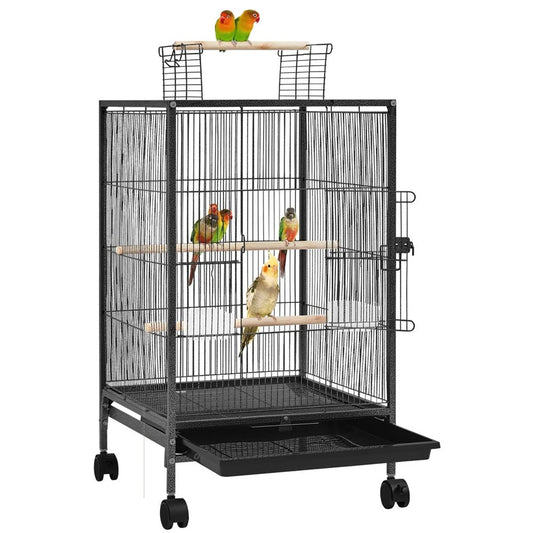 Yaheetech Vogelkooi Met Open Dak – 45,5 x 45,5 x 79 cm – Voorzien Van Verwijderbare Wielen En Uittrekbare Bodemlade En Gehamerde Poedercoating – Voor Grasparkieten En Kanaries – Zwart Metaal En Hout