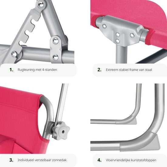 tectake® - ligstoel, robuust, verstelbaar, stalen onderstel met zonnescherm, 4-standen rugleuning inclusief hoofdkussen, strandstoel Ideaal voor tuin, zwembad, camping– pink - 68 x 190 x 28 cm