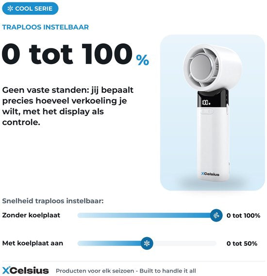 XCelsius® Handventilator - Draagbare Mini Ventilator Opvouwbaar - Oplaadbaar met USB-C - 0% tot 100% traploos instelbaar - Met Instant Koelplaat - Wit