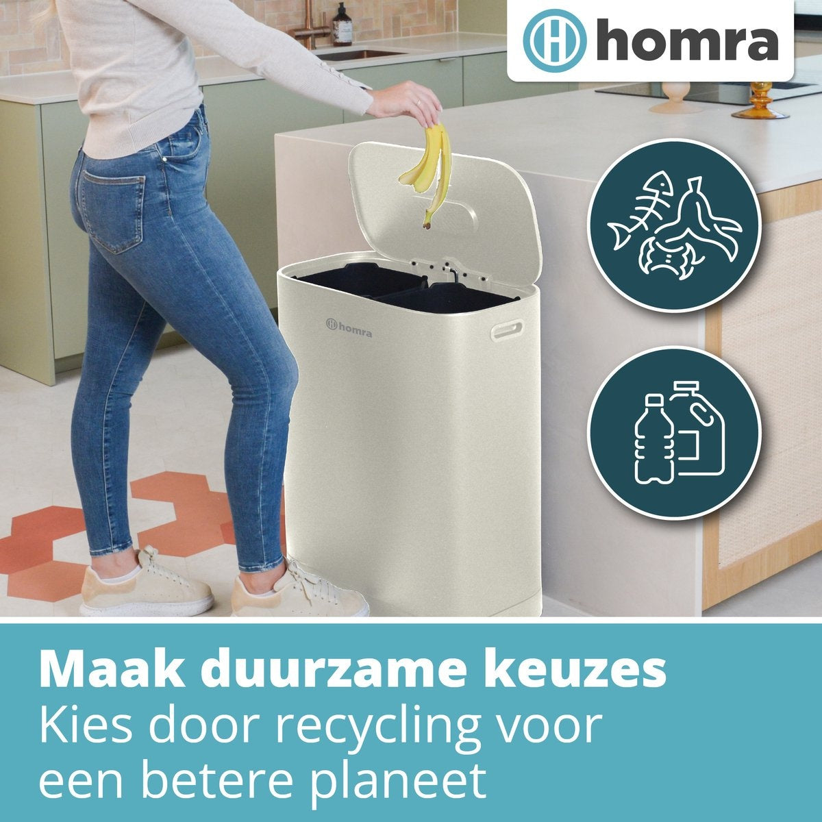Homra Rockx Prullenbak 60 Liter - Duo Pedaalemmer 2X30L met Geurfilter - RVS - Wit Creme - 33X58X69CM