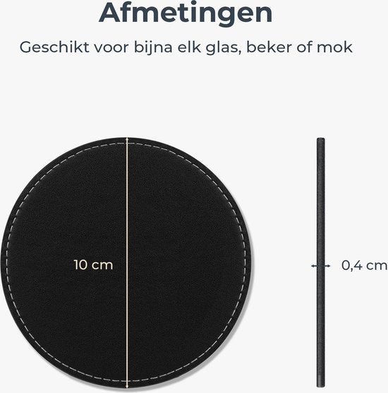 Castagnola Kunstlederen Onderzetters – Onderzetters voor Glazen – Design Onderzetters met Houder – Leren Onderzettersset – Leder – Set van 10 – Zwart met Stiksel