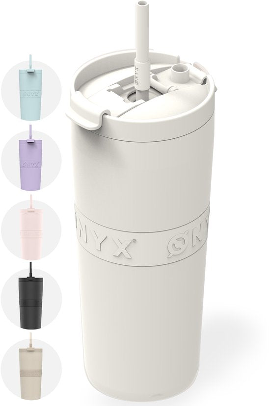 ONYX Drinkfles met Rietje 700ML - Waterfles voor Kinderen & Volwassenen - Thermosbeker RVS Travel Mug - Motiverende Drinkbus - Drinkbeker voor School - Coco White