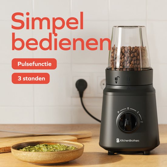 KitchenBrothers Blender - Complete Set - 2x 750ml Kan - Grinder - Stamper - To-Go Bekers - Zwart