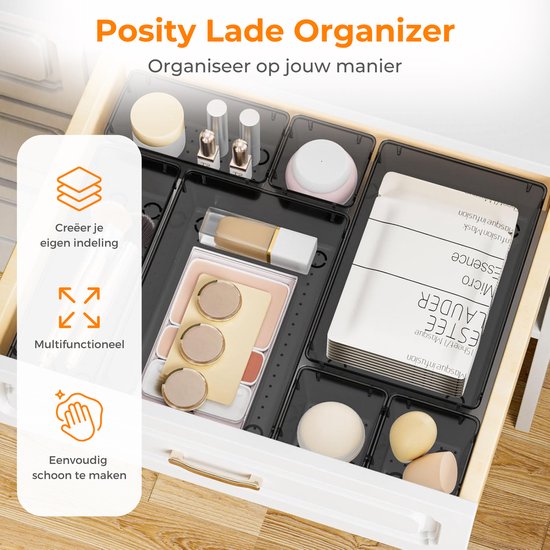 Posity Lade Organizer - 25 Stuks - Organizer Bakjes - Lade Bakjes - Opbergbakjes - Make-up Organizer - Voor Keuken, Badkamer & Bureau - Kunststof - Zwart Transparant