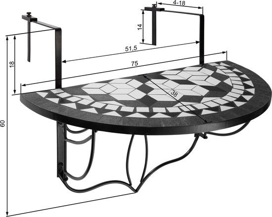 tectake - Balkontafel hangtafel mozau00efek - klapbaar - zwart / wit - 402767