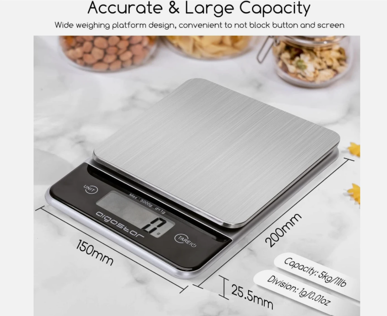 Aigostar Digitale Keukenweegschaal - Grijs - RVS - 5kg/1g, LCD