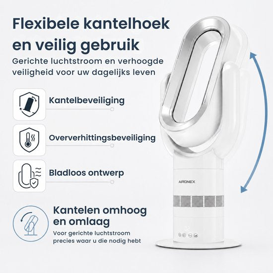 Aironex Swing Bladloze Ventilator met Verwarming – Ventilatorkachel – 2-in-1 Koelen & Verwarmen – 10 Standen – 71° Oscillatie – Afstandsbediening – Wit