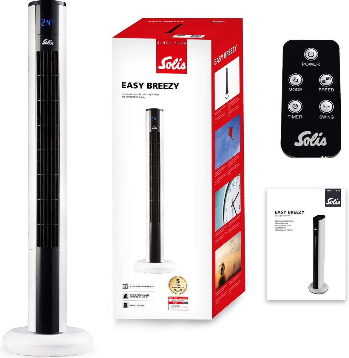 Solis Easy Breezy 757 Torenventilator - Ventilator Staand met Afstandsbediening - Timerfunctie - 44,8 dB - 91 cm Hoog - Wit