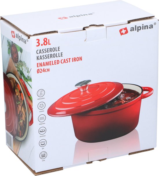 alpina Braadpan Gietijzer met Deksel - Bakpan ⌀ 24 cm - Alle Warmtebronnen - Rood
