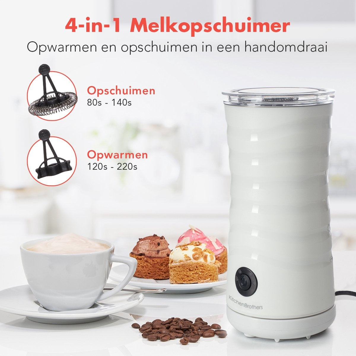 KitchenBrothers - Elektrische Melkopschuimer & Warmhoudfunctie - 240 ml - Wit RVS - 4-in-1 Functie - Modern Keukendesign - Inclusief Garde en Anti-aanbaklaag