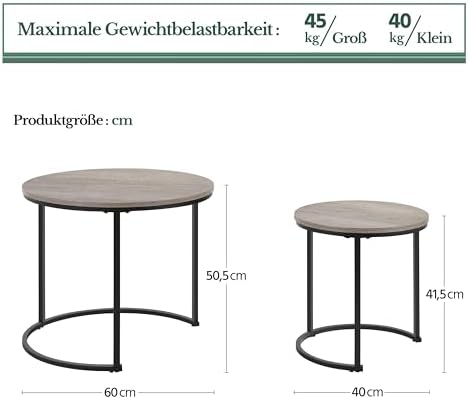 Yaheetech Salontafel Set van 2 Ronde Bijzettafels met Metalen Frame - Eiken Houtkleur