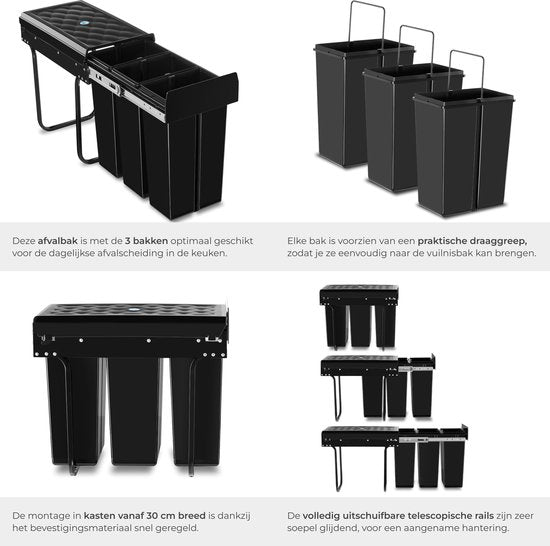 tectake® Afvalverzamelaar - Inbouw vuilnisbak - Meervoudige afvalscheiding - Efficiënte opruimoplossing voor keuken en kantoor - Driedubbele prullenbak met telescooprails - 3x 10L
