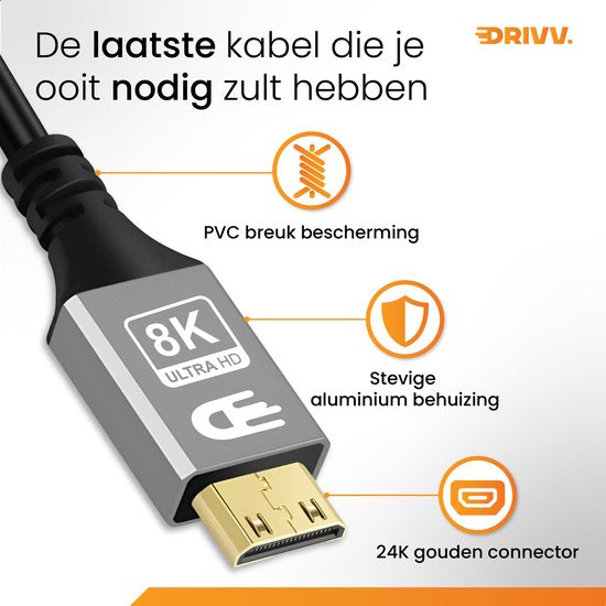 Drivv. Premium Mini HDMI naar HDMI Kabel 2.1 - 8K 60Hz / 4K 120Hz Ultra HD - 2 meter - Grijs - Geschikt voor Camera's, Tablets en Laptops