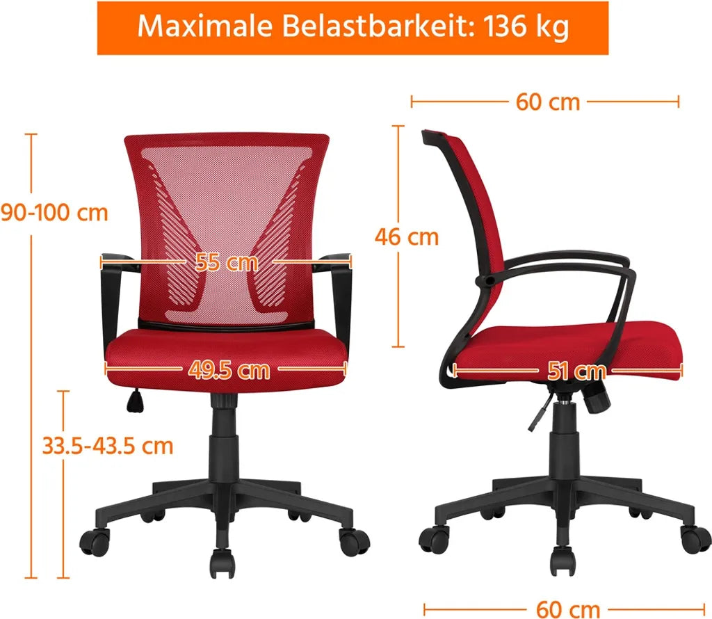 Yaheetech Ergonomische Bureaustoel 60 x 60 x 91-100,5 cm - Rood - Verstelbare Draaistoel met Mesh Rugleuning