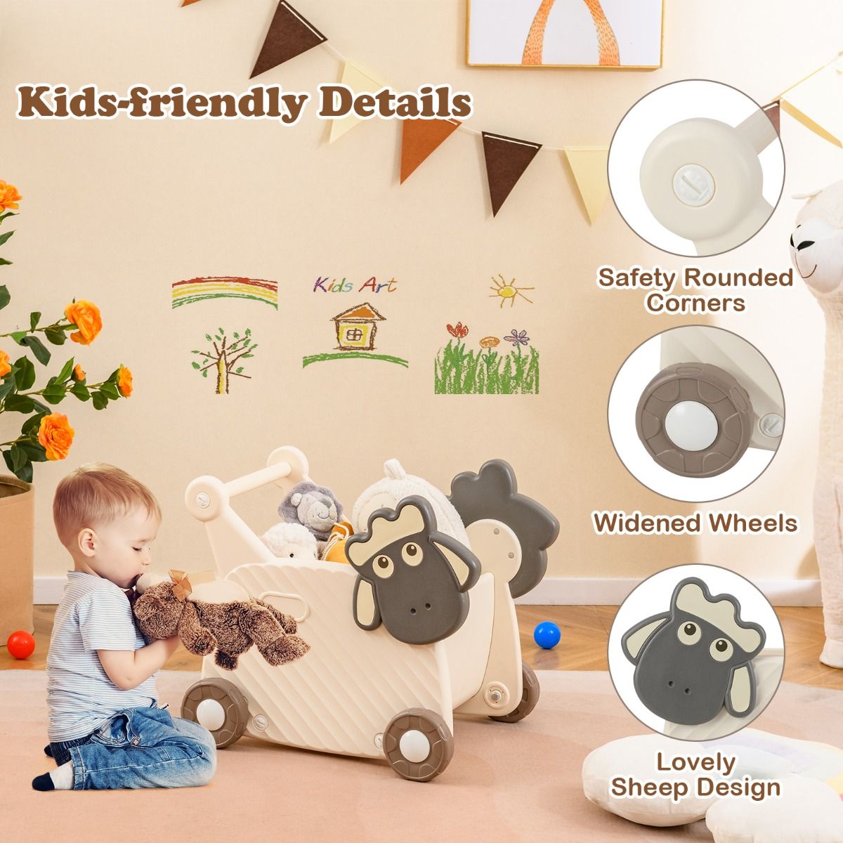Coast Schaap Loopwagen voor Kinderen - 2-in-1 Opbergwagen en Looprek - 18 Liter - Beige en Grijs