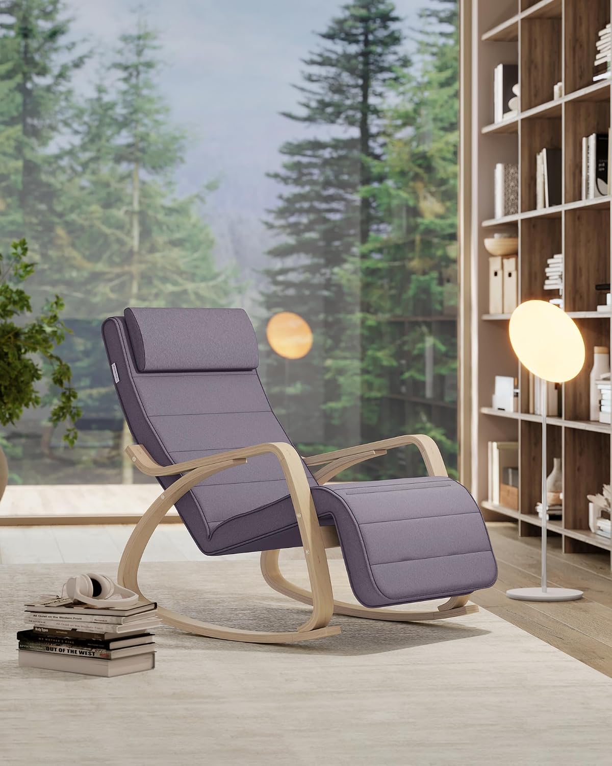 Songmics Schommelstoel - Berkenhout - 5-voudig Verstelbare Voetensteun - 121,5 x 67 x 84 cm - Grijs/Beige