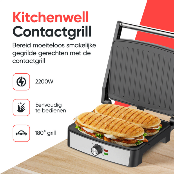Kitchenwell Contactgrill - Tosti apparaat - Grill apparaat - Uitneembare platen - Anti-aanbaklaag - 3-in-1 -180 °C grill - Vaatwasserbestendig
