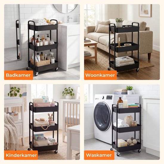 Posity Keukentrolley op wieltjes – Serveerwagen / Opbergtrolley / Keukenrek / Trolley Keuken – Verrijdbaar en Vast – 3 Lagen – Kunststof – Zwart