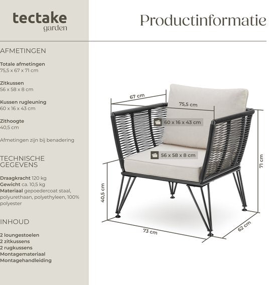 tectake® 2-delige Set Tuin Lounge fauteuils Sundo in Rope-Design – Comfort en Stijl - loungestoelen